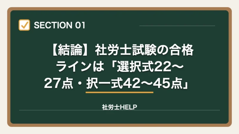【結論】社労士試験の合格ラインは「選択式22〜27点・択一式42〜47点」|社労士試験の合格ライン・基準点は何点?2026年の目標得点と科目別足切り対策【2026年】の図解