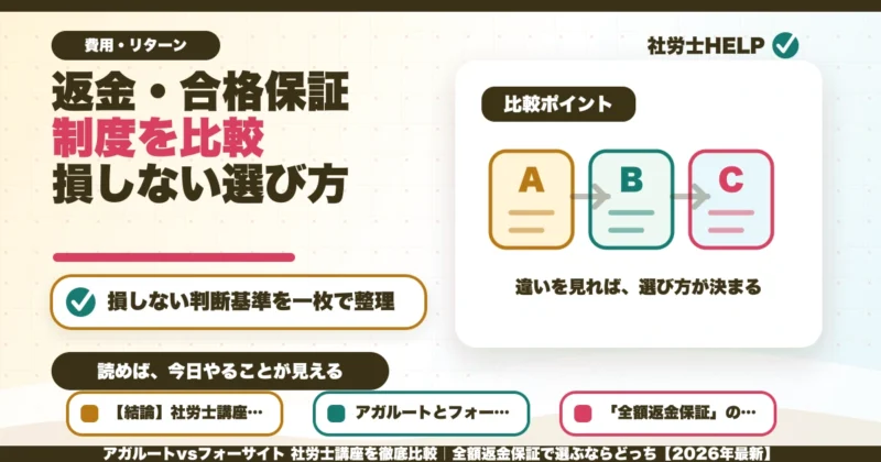 アガルートvsフォーサイト 社労士講座を徹底比較｜全額返金保証で選ぶならどっち【2026年最新】のアイキャッチ画像