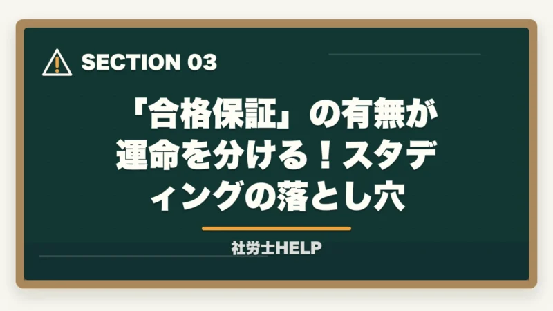 「合格保証」の有無が運命を分ける！スタディングの落とし穴｜アガルートvsスタディング 社労士講座を徹底比較｜合格実績で選ぶならどっち【2026年最新】の図解