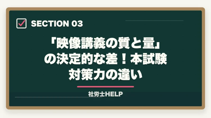 「映像講義の質と量」の決定的な差！本試験対策力の違い｜アガルートvsユーキャン 社労士講座を徹底比較｜合格に直結するのはどっち【2026年最新】の図解