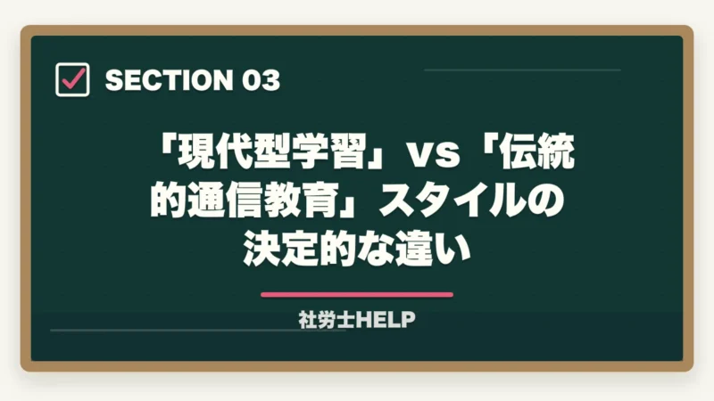 「現代型学習」vs「伝統的通信教育」スタイルの決定的な違い｜スタディングvsユーキャン 社労士講座を徹底比較｜現代型学習で選ぶ【2026年最新】の図解