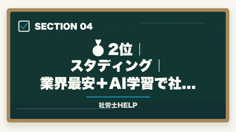 🥈 2位|スタディング|業界最安+AI学習で社会人最強|社労士通信講座おすすめランキング2026|大手6社徹底比較で選ぶならアガルート【完全版】の図解