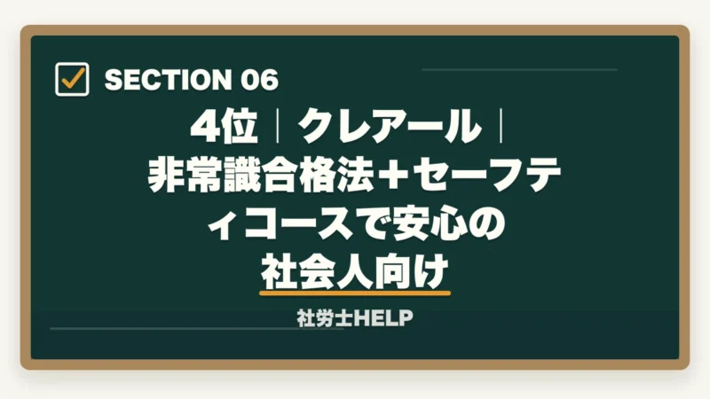 4位|クレアール|非常識合格法+セーフティコースで安心の社会人向け|社労士通信講座おすすめランキング2026|大手6社徹底比較で選ぶならアガルート【完全版】の図解