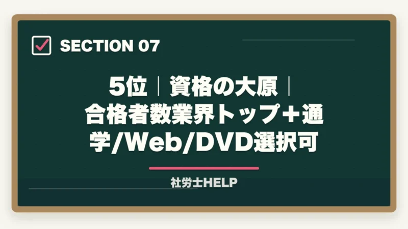 5位|資格の大原|合格者数業界トップ+通学/Web/DVD選択可|社労士通信講座おすすめランキング2026|大手6社徹底比較で選ぶならアガルート【完全版】の図解