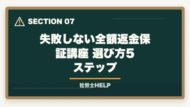 失敗しない全額返金保証講座 選び方5ステップ｜社労士通信講座 全額返金保証ランキング2026｜アガルート1位の理由の図解