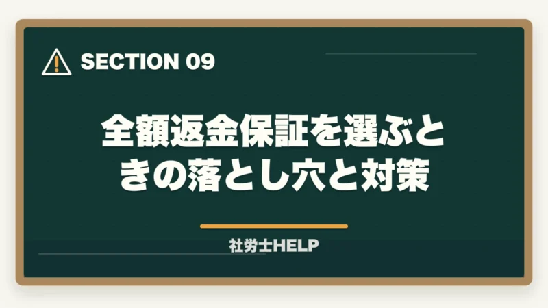 全額返金保証を選ぶときの落とし穴と対策｜社労士通信講座 全額返金保証ランキング2026｜アガルート1位の理由の図解