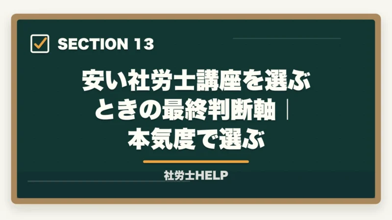 安い社労士講座を選ぶときの最終判断軸｜本気度で選ぶ｜安い社労士通信講座おすすめランキング2026｜スタディング業界最安の図解