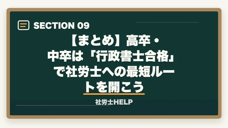 【まとめ】高卒・中卒は「行政書士合格」で社労士への最短ルートを開こう｜社労士は高卒・中卒でも受けられる？最短で受験資格を取る方法と合格ルート【2026年】の図解