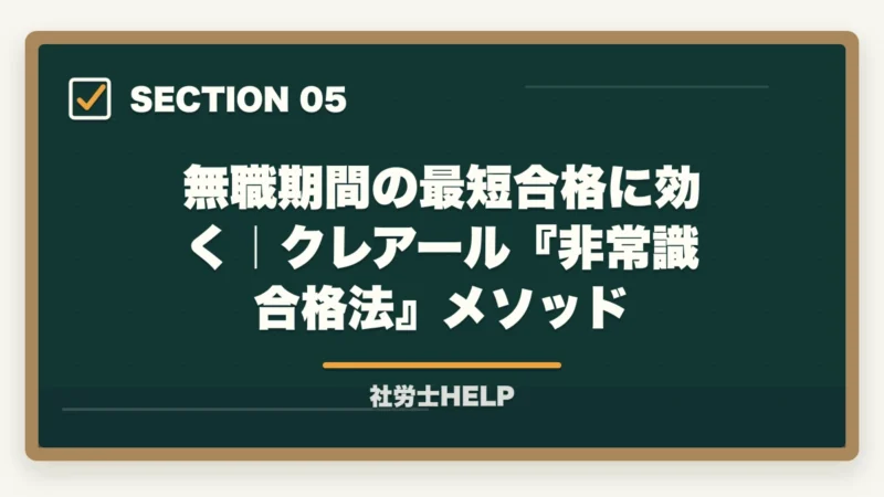 無職期間の最短合格に効く｜クレアール『非常識合格法』メソッド｜無職・就活中から社労士合格｜1日8時間×6〜10ヶ月で人生立て直し【2026年】の図解