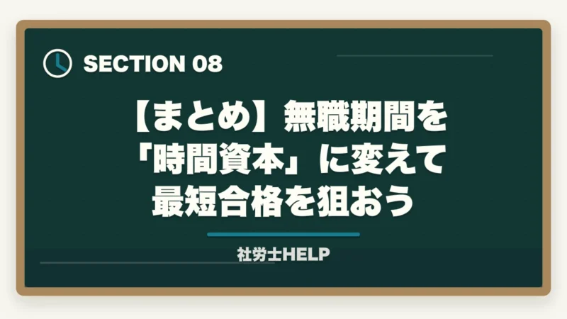 【まとめ】無職期間を「時間資本」に変えて最短合格を狙おう｜無職・就活中から社労士合格｜1日8時間×6〜10ヶ月で人生立て直し【2026年】の図解