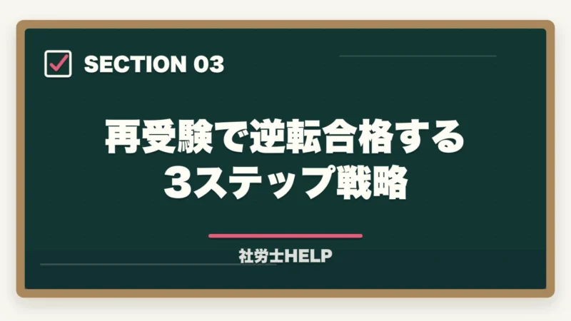 再受験で逆転合格する3ステップ戦略｜社労士再受験の逆転合格戦略｜不合格原因分析＋学習法切り替えで合格ライン突破【2026年】の図解