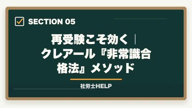 再受験こそ効く｜クレアール『非常識合格法』メソッド｜社労士再受験の逆転合格戦略｜不合格原因分析＋学習法切り替えで合格ライン突破【2026年】の図解