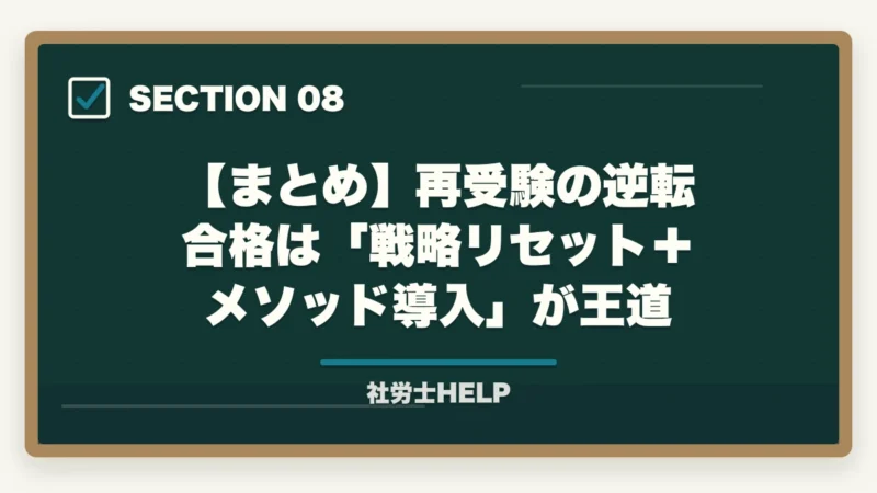 【まとめ】再受験の逆転合格は「戦略リセット＋メソッド導入」が王道｜社労士再受験の逆転合格戦略｜不合格原因分析＋学習法切り替えで合格ライン突破【2026年】の図解