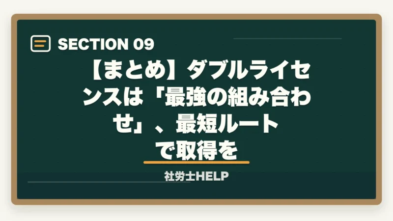 【まとめ】ダブルライセンスは「最強の組み合わせ」、最短ルートで取得を｜社労士と行政書士のダブルライセンスは最強？年収1,000万円超の実態と最短取得ルート【2026年】の図解