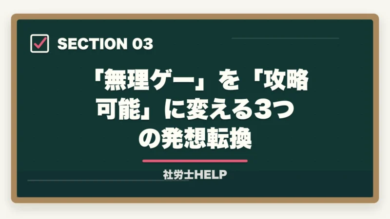 「無理ゲー」を「攻略可能」に変える3つの発想転換|社労士は難しすぎて無理ゲー?合格者が攻略法を解説|発想転換で突破できる【2026年】の図解