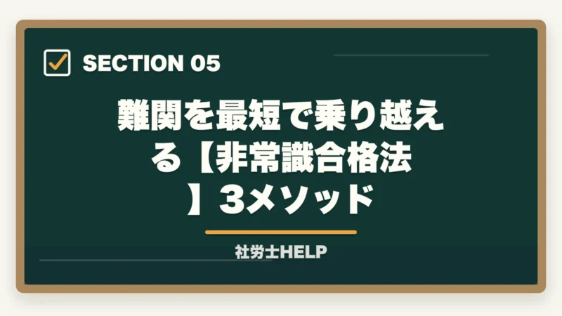 難関を最短で乗り越える【非常識合格法】3メソッド|社労士は難しすぎて無理ゲー?合格者が攻略法を解説|発想転換で突破できる【2026年】の図解