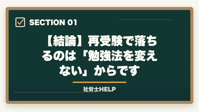 【結論】再受験で落ちるのは「勉強法を変えない」からです｜社労士再受験で合格する4つの戦略｜去年と同じ勉強では受からない理由【2026年】の図解