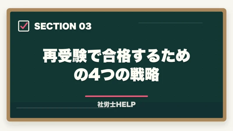 再受験で合格するための4つの戦略｜社労士再受験で合格する4つの戦略｜去年と同じ勉強では受からない理由【2026年】の図解