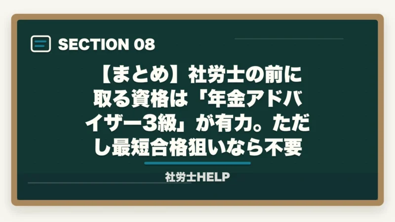 【まとめ】社労士の前に取る資格は「年金アドバイザー3級」が有力。ただし最短合格狙いなら不要｜社労士学習の前に取ると良い資格2選｜合格者が経験談を解説【2026年】の図解