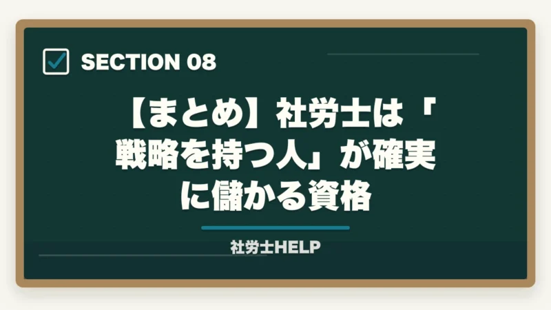 【まとめ】社労士は「戦略を持つ人」が確実に儲かる資格|社労士は儲かる?儲からない?年収1,000万円超の戦略|合格者が解説【2026年】の図解