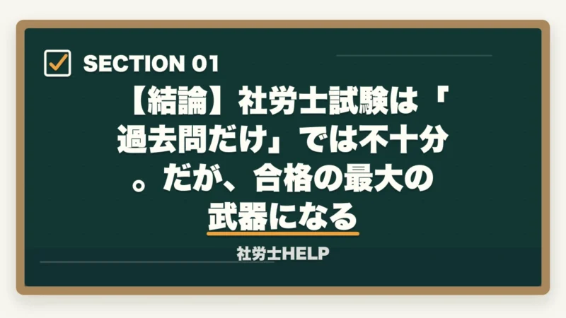【結論】社労士試験は「過去問だけ」では不十分。だが、合格の最大の武器になる|社労士試験は過去問だけで合格できる?合格者が選ぶ”非常識な”最短勉強法【2026年版】の図解