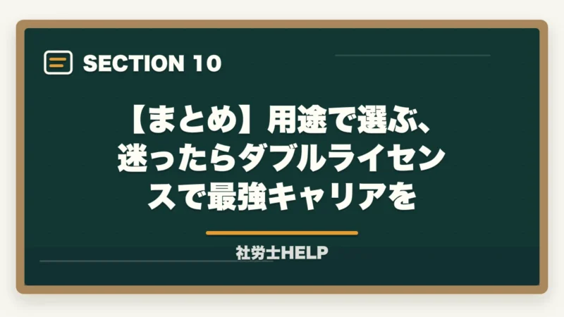 【まとめ】用途で選ぶ、迷ったらダブルライセンスで最強キャリアを｜社労士と行政書士はどっちがいい？【2026年】両資格者が用途別に徹底比較の図解