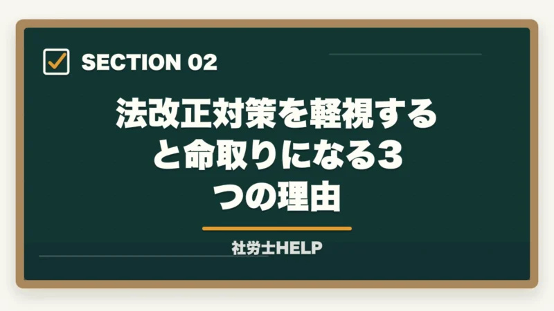 法改正対策を軽視すると命取りになる3つの理由｜社労士試験の法改正対策｜最新版教材＋集中講義＋白書の3点セットで合格【2026年】の図解