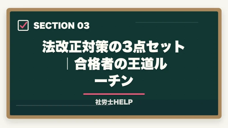 法改正対策の3点セット｜合格者の王道ルーチン｜社労士試験の法改正対策｜最新版教材＋集中講義＋白書の3点セットで合格【2026年】の図解