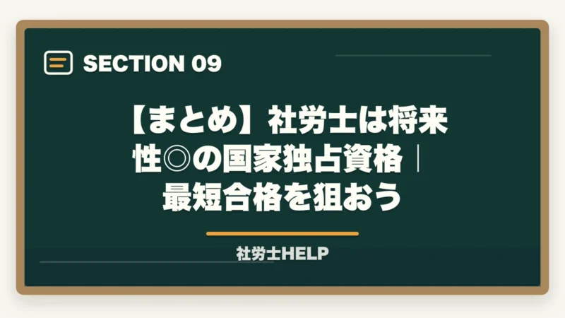 【まとめ】社労士は将来性◎の国家独占資格｜最短合格を狙おう｜社労士（社会保険労務士）とは？仕事内容・試験・年収・将来性を合格者が解説【2026年】の図解