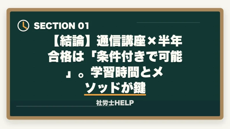 【結論】通信講座×半年合格は「条件付きで可能」。学習時間とメソッドが鍵｜通信講座で社労士を半年合格は可能？条件と使いこなし方を合格者が解説【2026年】の図解
