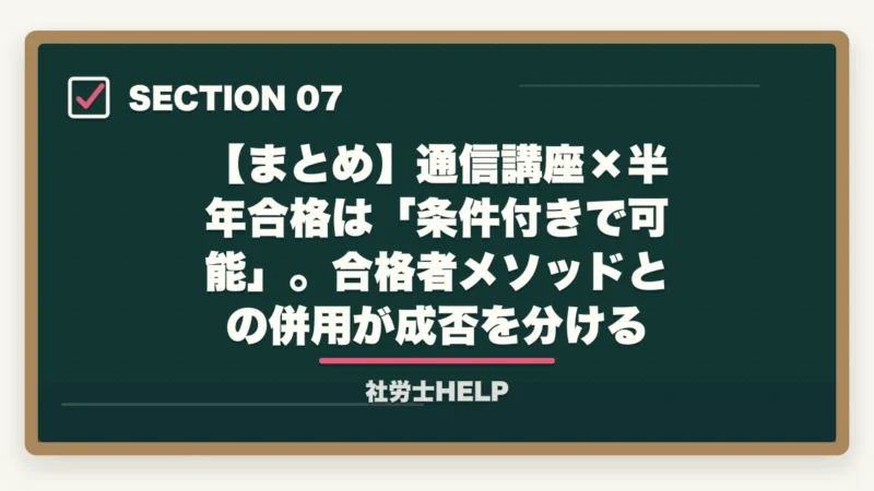 【まとめ】通信講座×半年合格は「条件付きで可能」。合格者メソッドとの併用が成否を分ける｜通信講座で社労士を半年合格は可能？条件と使いこなし方を合格者が解説【2026年】の図解