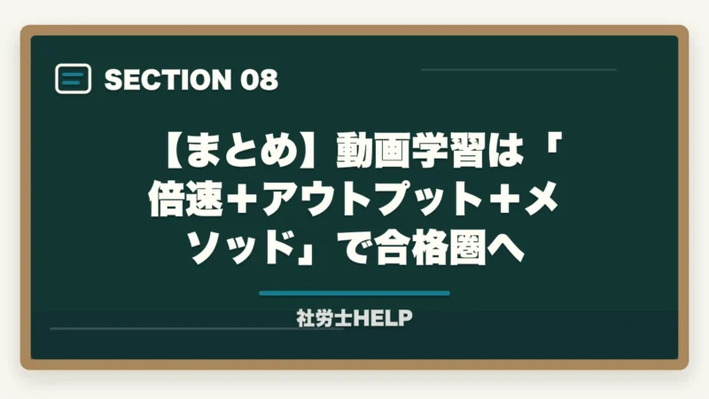 【まとめ】動画学習は「倍速＋アウトプット＋メソッド」で合格圏へ｜動画講義で社労士試験を攻略｜倍速視聴＋アウトプットの合格戦略【2026年】の図解