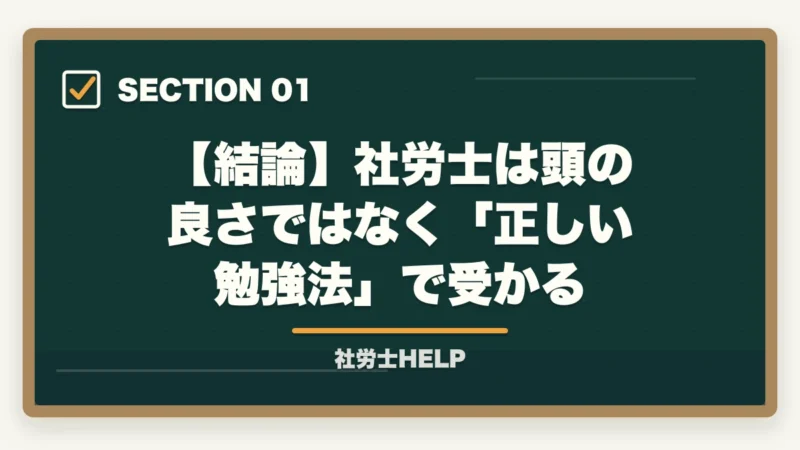 【結論】社労士は頭の良さではなく「正しい勉強法」で受かる｜社労士は頭がいい人しか受からない？合格者が検証｜地頭より大切な3つの力【2026年版】の図解