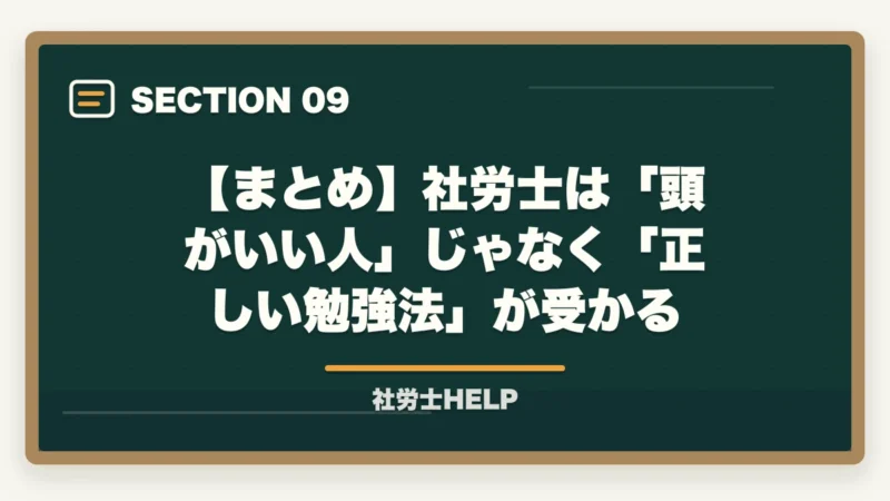 【まとめ】社労士は「頭がいい人」じゃなく「正しい勉強法」が受かる｜社労士は頭がいい人しか受からない？合格者が検証｜地頭より大切な3つの力【2026年版】の図解