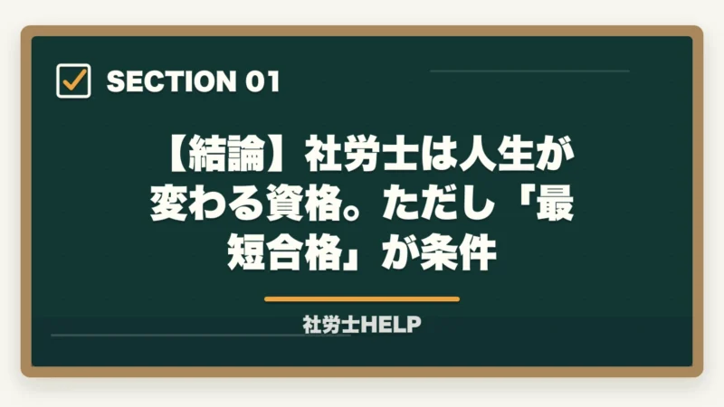 【結論】社労士は人生が変わる資格。ただし「最短合格」が条件|社労士で人生が変わる5つの理由|合格者が語るリアルな変化【2026年】の図解