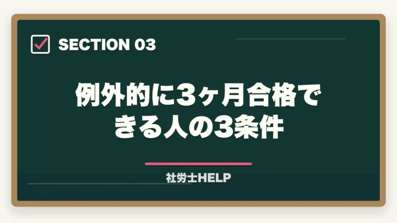 例外的に3ヶ月合格できる人の3条件｜社労士に3ヶ月で合格できる？合格者が検証｜現実的な最短ルートと勉強法【2026年】の図解