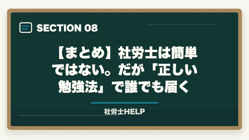 【まとめ】社労士は簡単ではない。だが「正しい勉強法」で誰でも届く|社労士は簡単だった?合格者が検証|実際の難易度と「簡単に感じる人」の共通点【2026年】の図解