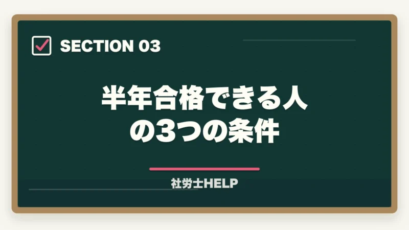 半年合格できる人の3つの条件|社労士に半年で合格は無理?合格者が検証|6ヶ月合格の条件とリアルな勉強法【2026年】の図解