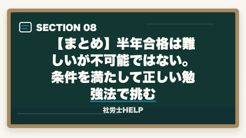 【まとめ】半年合格は難しいが不可能ではない。条件を満たして正しい勉強法で挑む|社労士に半年で合格は無理?合格者が検証|6ヶ月合格の条件とリアルな勉強法【2026年】の図解