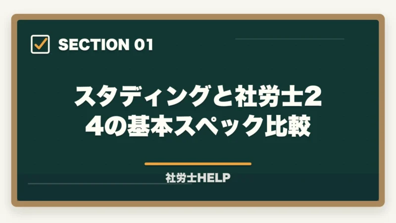 スタディングと社労士24の基本スペック比較|スタディングと社労士24はどっちがいい?【2026年比較】料金・合格率・使いやすさの図解