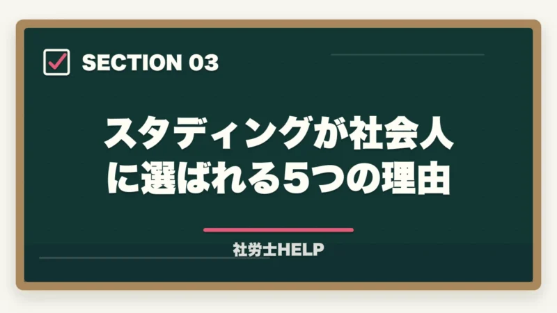 スタディングが社会人に選ばれる5つの理由|スタディングと社労士24はどっちがいい?【2026年比較】料金・合格率・使いやすさの図解