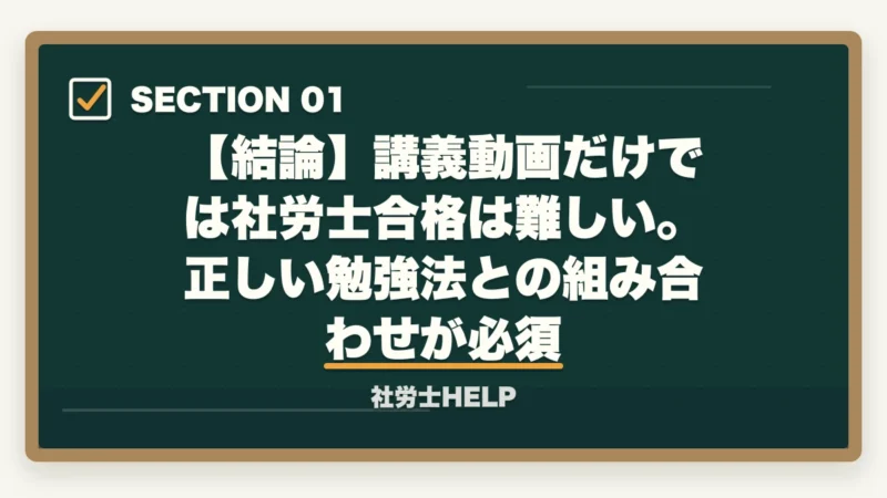【結論】講義動画だけでは社労士合格は難しい。正しい勉強法との組み合わせが必須｜講義動画だけで社労士合格は難しい理由｜正しい使い方と合格者の処方箋【2026年】の図解