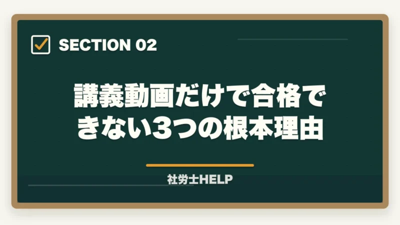 講義動画だけで合格できない3つの根本理由｜講義動画だけで社労士合格は難しい理由｜正しい使い方と合格者の処方箋【2026年】の図解