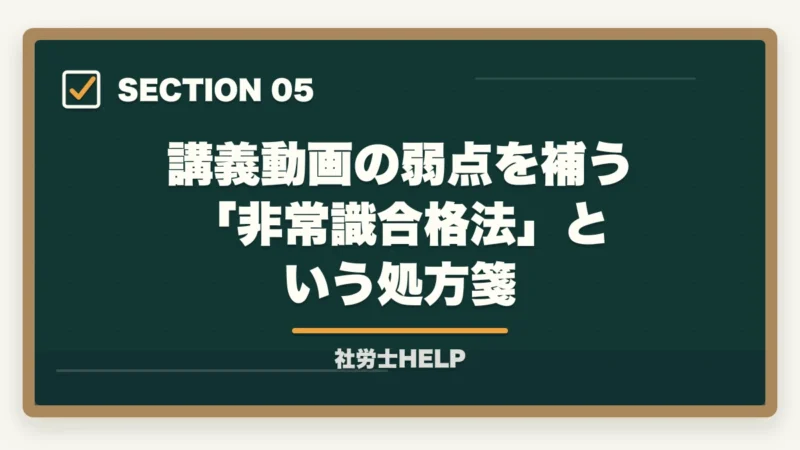講義動画の弱点を補う「非常識合格法」という処方箋｜講義動画だけで社労士合格は難しい理由｜正しい使い方と合格者の処方箋【2026年】の図解
