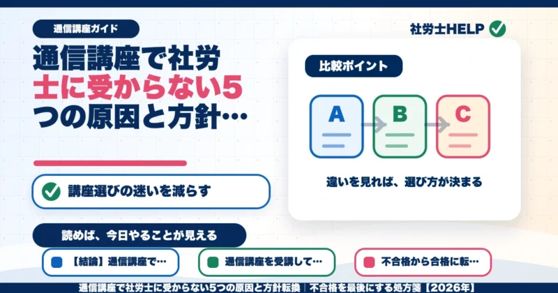通信講座で社労士に受からない5つの原因と方針転換｜不合格を最後にする処方箋【2026年】のアイキャッチ画像