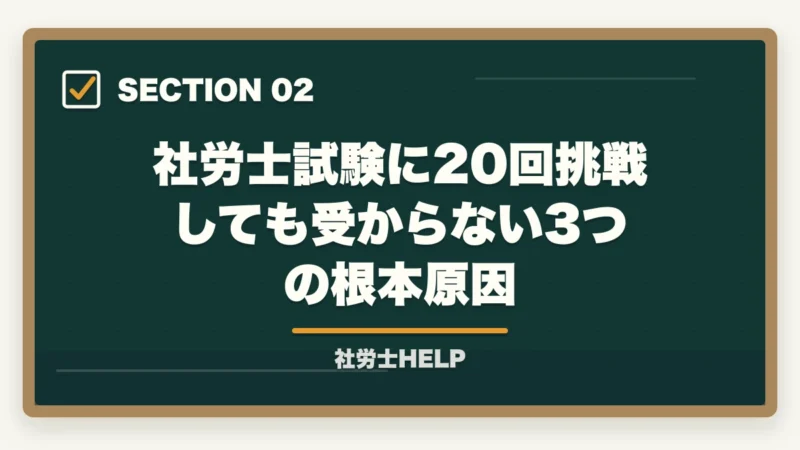 社労士試験に20回挑戦しても受からない3つの根本原因|社労士試験20回目でも合格は可能|多年受験者が勝つ勉強法の方針転換【2026年】の図解