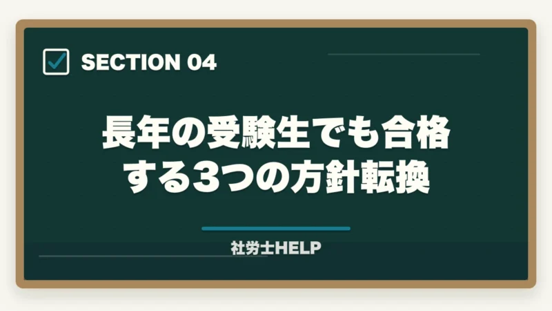 長年の受験生でも合格する3つの方針転換|社労士試験20回目でも合格は可能|多年受験者が勝つ勉強法の方針転換【2026年】の図解