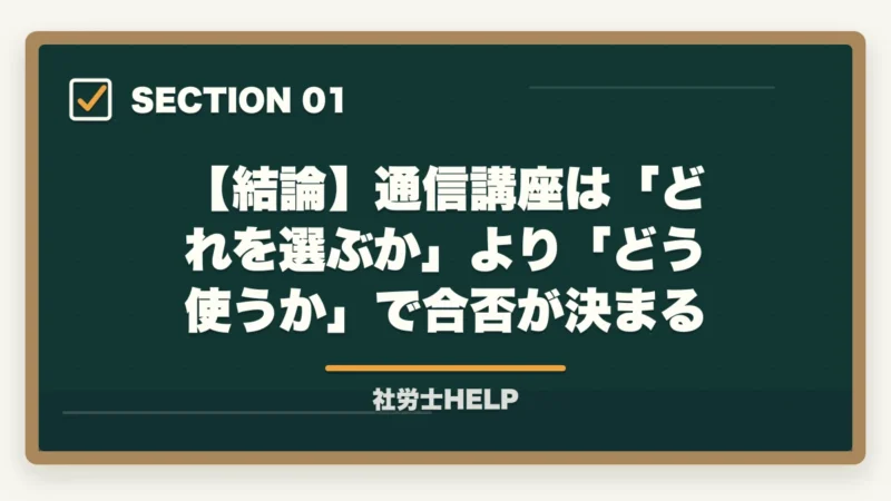 【結論】通信講座は「どれを選ぶか」より「どう使うか」で合否が決まる｜社労士通信講座の選び方｜5つの判断軸と合格者の共通メソッド【2026年】の図解
