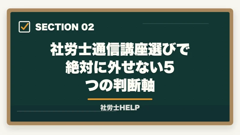 社労士通信講座選びで絶対に外せない5つの判断軸｜社労士通信講座の選び方｜5つの判断軸と合格者の共通メソッド【2026年】の図解