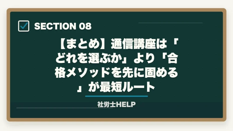 【まとめ】通信講座は「どれを選ぶか」より「合格メソッドを先に固める」が最短ルート｜社労士通信講座の選び方｜5つの判断軸と合格者の共通メソッド【2026年】の図解